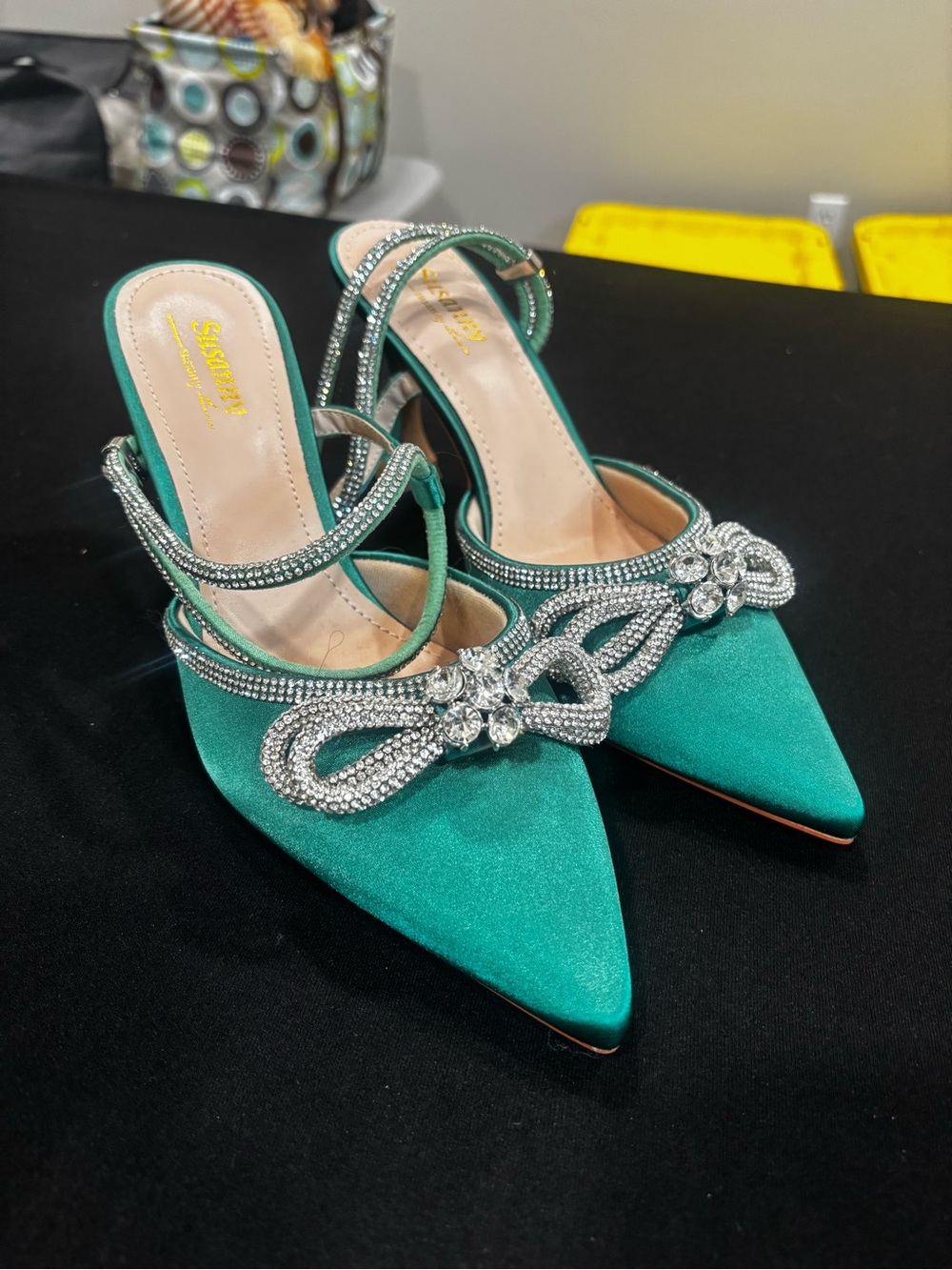 Crystal-Embellished Emerald Pointed-Toe Slingback Heels